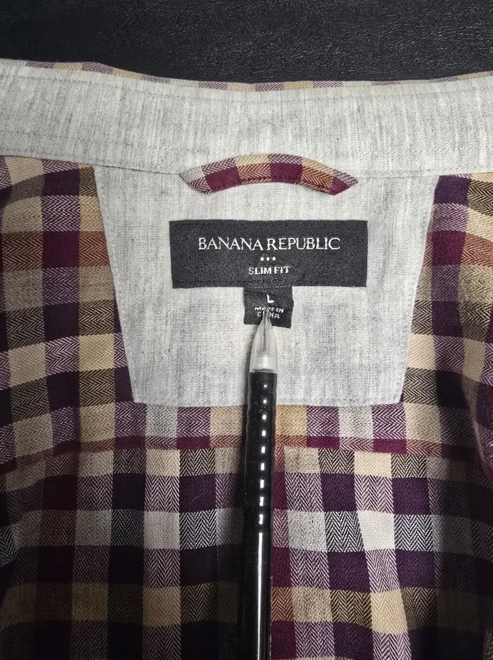 Banana Republic Men L Plaid Button Down Shirt Burgundy Slim Fit Office/Casual